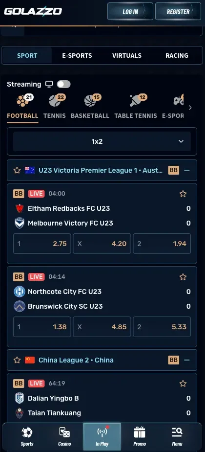 Golazzo Casino na mobitelu: kartica sportskih oklada s kvotama uživo i donjom trakom Sports / Casino / In Play (snimka sučelja na engleskom; prikazane lige nisu hrvatske)
