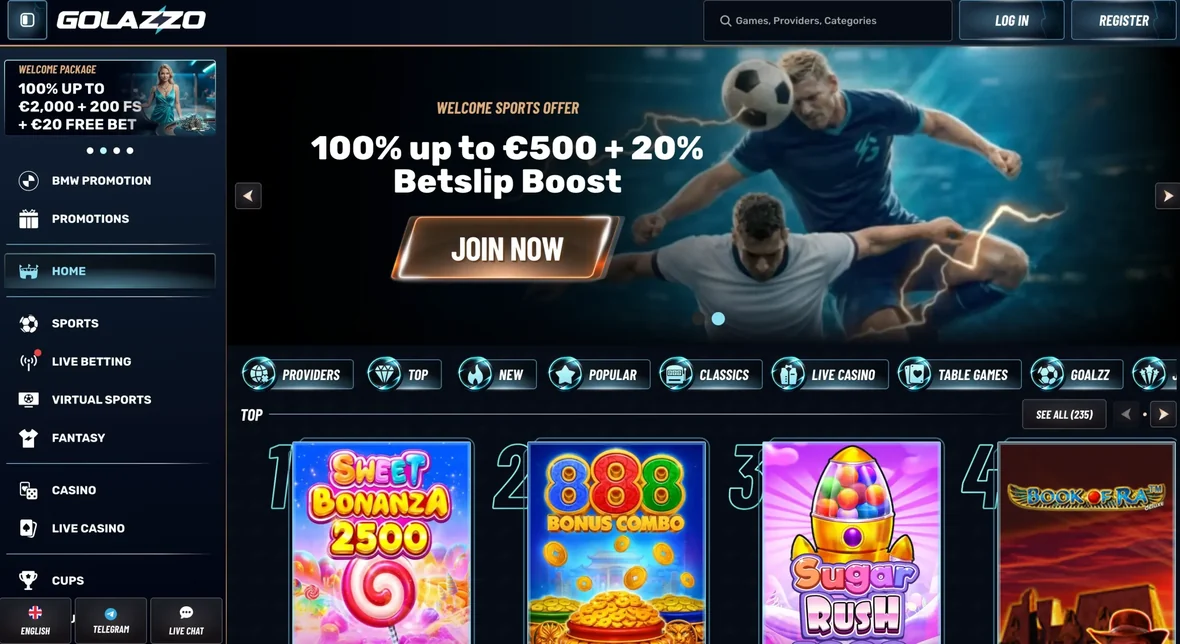 Banner sportske dobrodošlice Golazzo Casina: «100% up to €500 + 20% Betslip Boost» (snimka sučelja na engleskom)